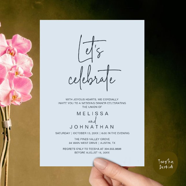 Let's Celebrate, Wedding Elopement Reception Invitation (Let's Celebrate, Modern Minimal Wedding Elopement Reception Dinner Invites Card in Misty Blue)