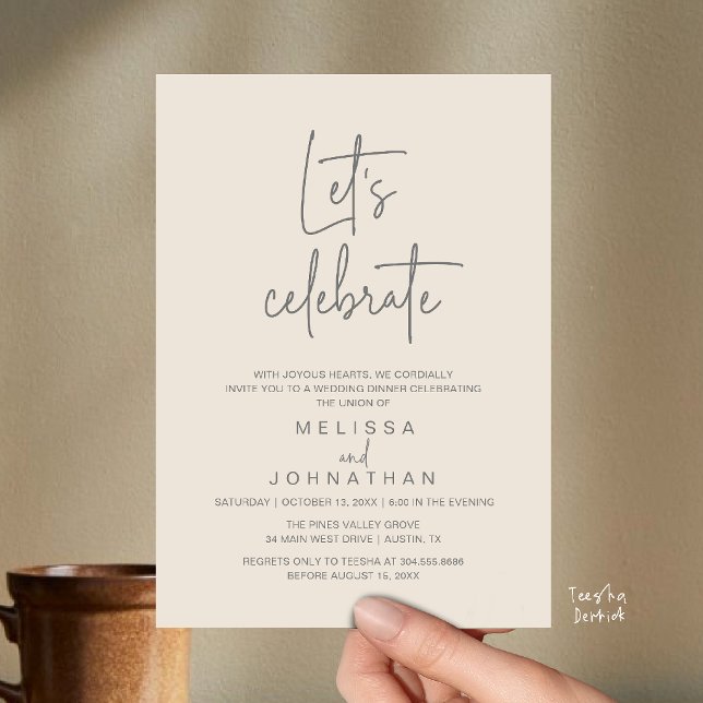 Let's Celebrate, Wedding Elopement Reception Invitation (Let's Celebrate, Modern Minimal Wedding Elopement Reception Dinner Invites Card in Cream Grey)