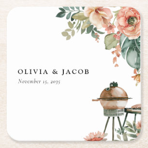 Let's Celebrate with BBQ Couples Shower Square Paper Coaster