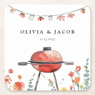 Let's Celebrate with BBQ Couples Shower Square Paper Coaster