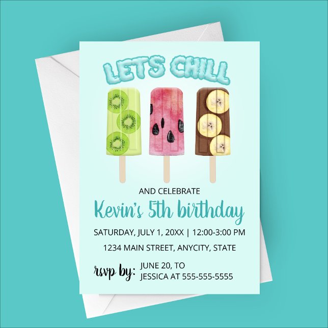 Let's Chill Fruit Bars Birthday Party Invitation (Let's Chill Birthday Party Invitation - Fruit Popsicle - Kiwi, Watermelon and Banana )