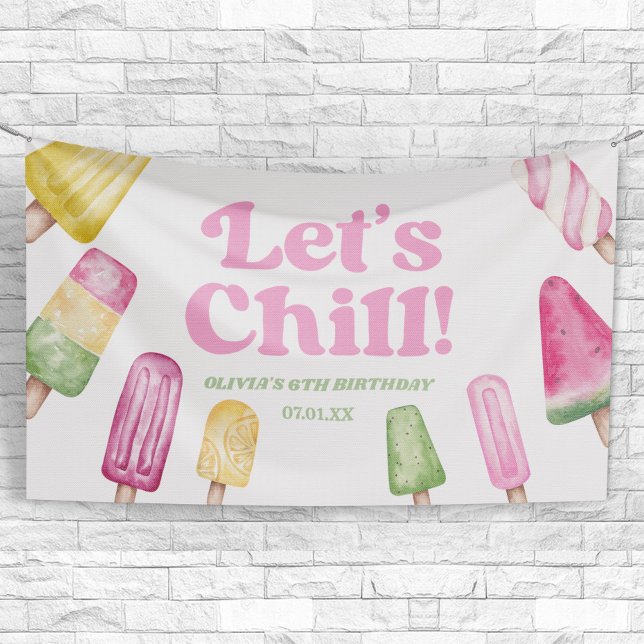 Let's Chill Pink Retro Popsicle Birthday Party Banner (Creator Uploaded)