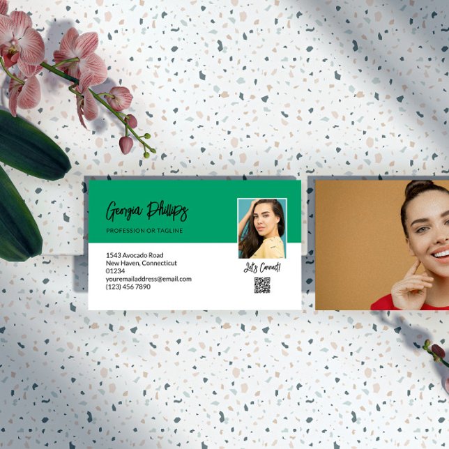 Let's Connect Jade Green QR Code Photo Business Card (Creator Uploaded)