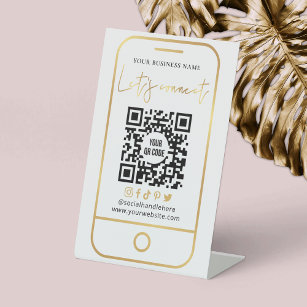 Let's Connect QR Code White & Gold Scannable Pedestal Sign