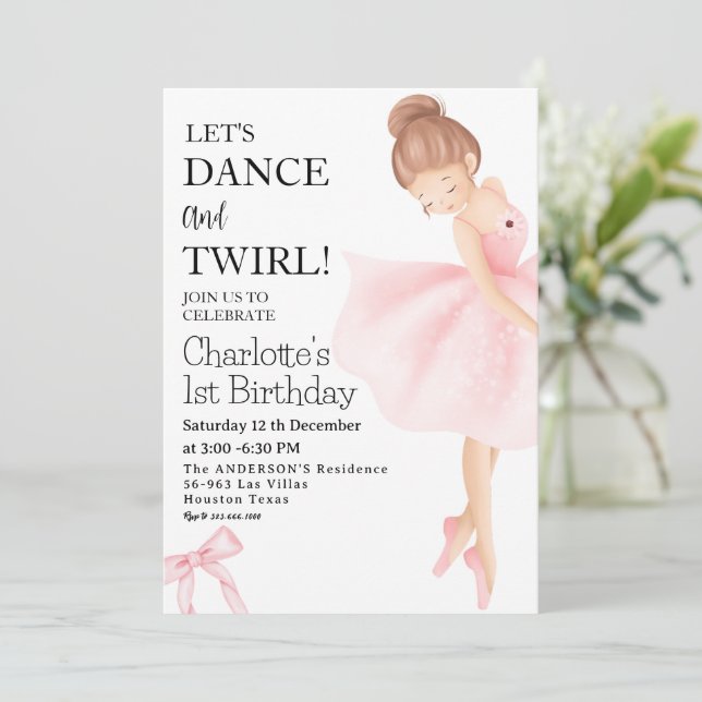 LET'S DANCE And TWIRL Ballerina Girl 1st Birthday Invitation (Standing Front)
