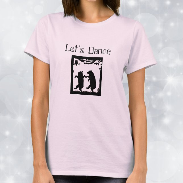 Let's Dance Bears Black Silhouette T-Shirt (Two black bears in silhouette dancing together in woods under trees on pink woman's tee shirt.)