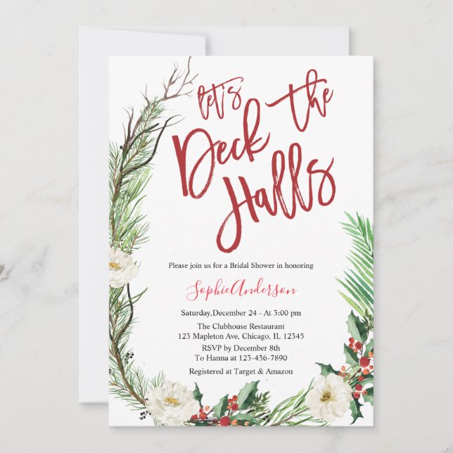 Let's Deck the Halls Christmas Bridal Shower Invitation (Front)
