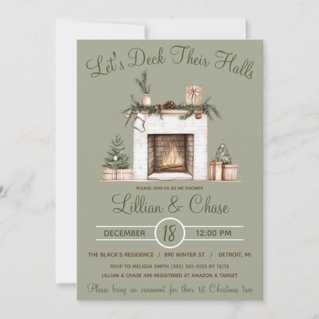 Let's Deck Their Halls, Holiday Bridal Shower Invitation (Front)