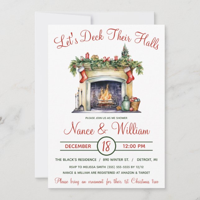 Let's Deck Their Halls, Holiday Bridal Shower Invitation (Front)