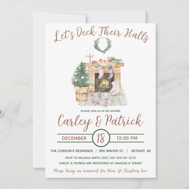 Let's Deck Their Halls, Holiday Bridal Shower Invitation (Front)