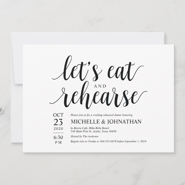 Let's eat and rehearse, wedding dinner invites (Front)