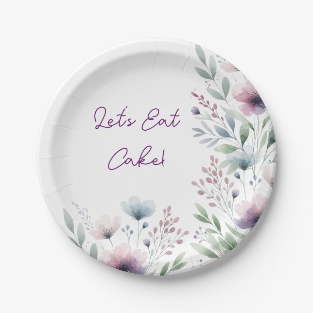 Let's Eat Cake! Pretty Botanical Wedding Cake Paper Plate (Front)