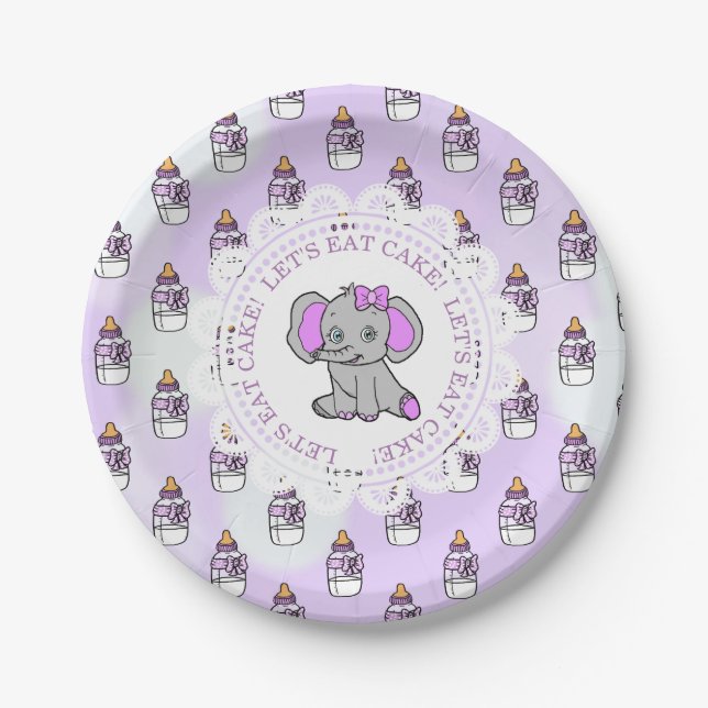 Let's Eat Cake Purple Elephant Themed Baby shower Paper Plate (Front)