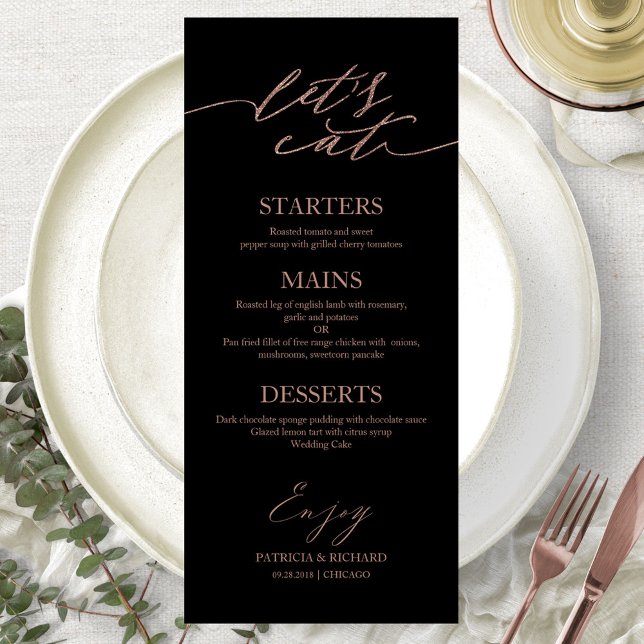 Let's Eat Chic Script Wedding Menu Card For Plate (Creator Uploaded)