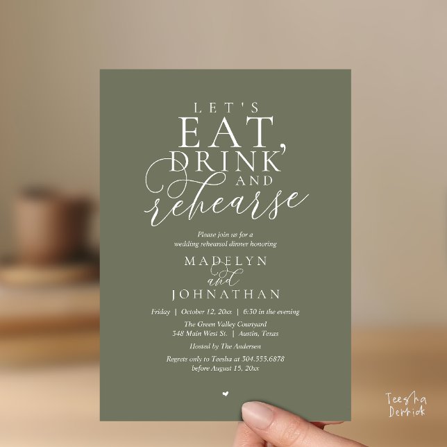"Let's eat, drink and rehearse", Rehearsal Dinner Invitation ("Let's eat, drink and rehearse", Rehearsal Dinner Invitation card in olive sage green)