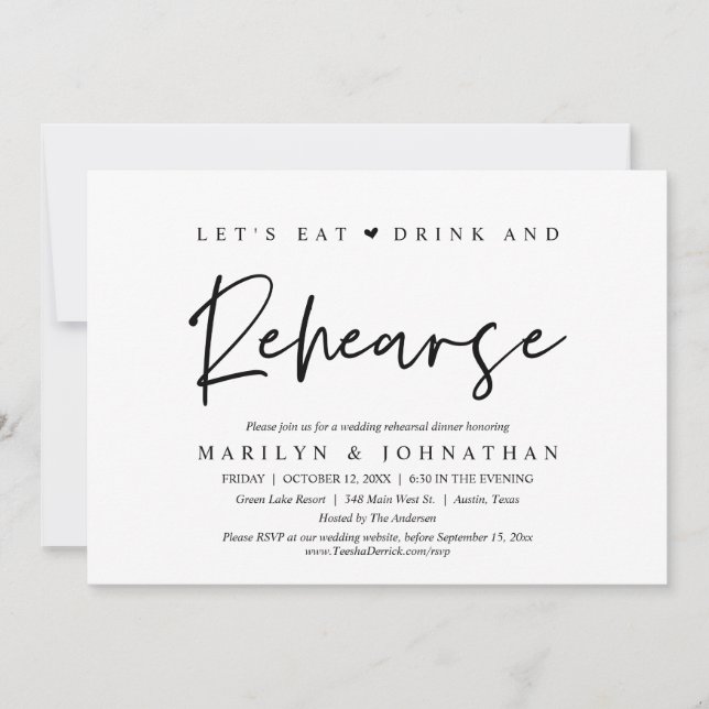 Let's Eat, Drink and Rehearse, Wedding Dinner Invitation (Front)