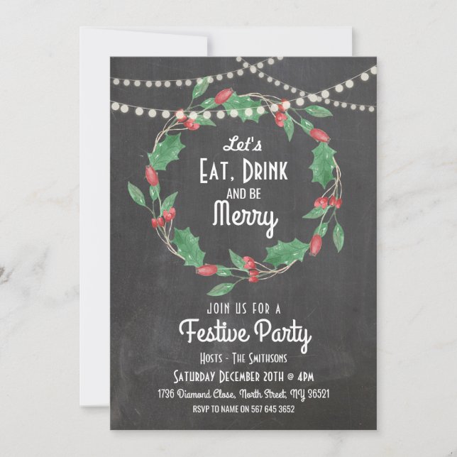 Let's Eat Drink & Be Merry Christmas Wreath Invite (Front)