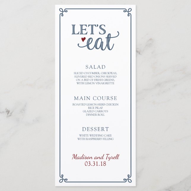 "Let's Eat" - Dusty Blue & Dark Red Wedding Menu (Front)