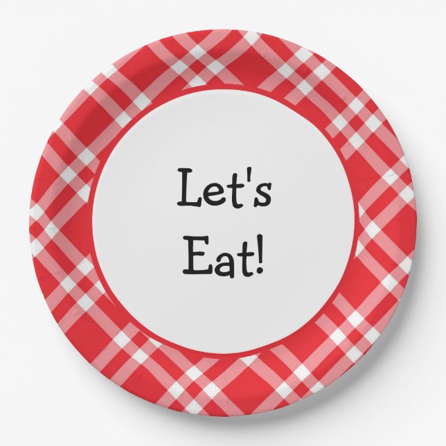 Let's Eat Red and White Plaid Paper Plate (Front)