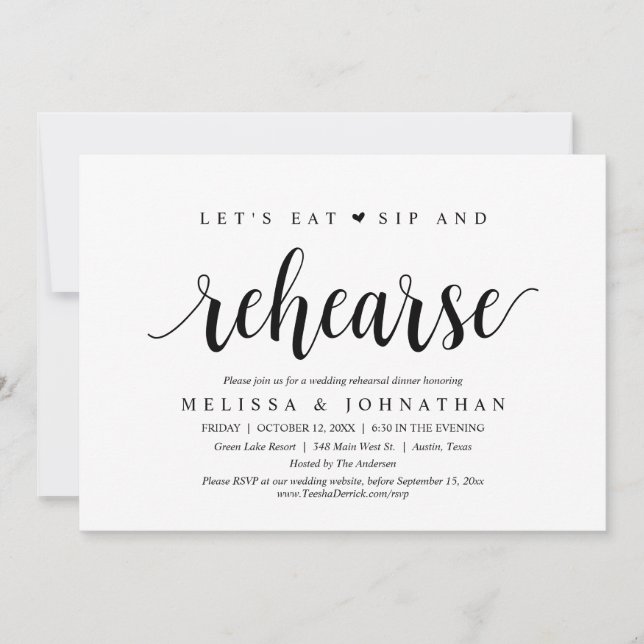 Let's Eat, Sip and Rehearse, Wedding Dinner Invitation (Front)