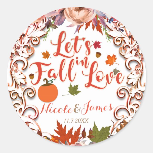 Let's Fall In Love Autumn Floral BRIDAL SHOWER Classic Round Sticker (Front)