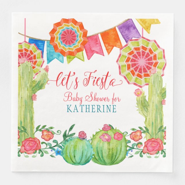 Lets Fiesta Baby Shower Watercolor Cactus Floral Napkin (Front)