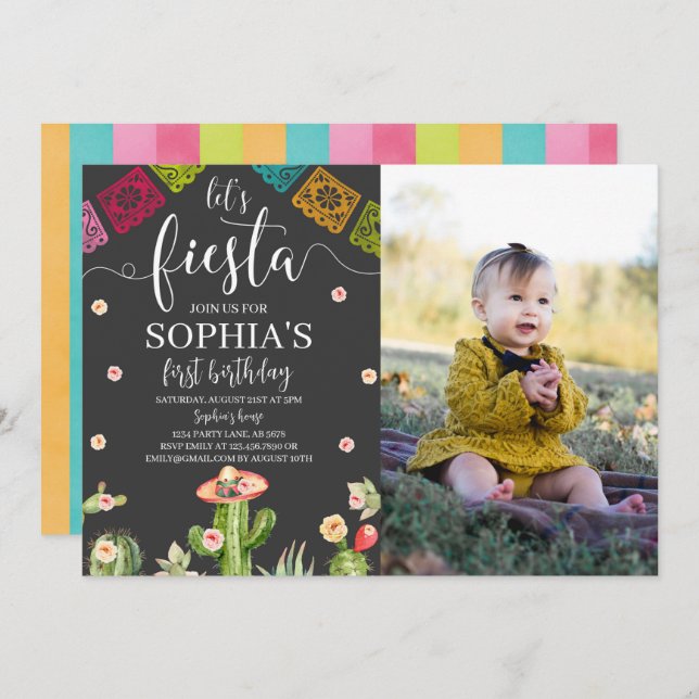 Let's Fiesta Birthday Photo Invitation Black (Front/Back)