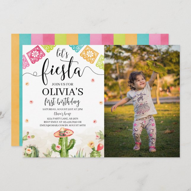 Let's Fiesta Birthday Photo Invitation White (Front/Back)