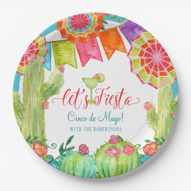 Lets Fiesta Cactus Blue Cinco de Mayo Margarita Paper Plate (Front)