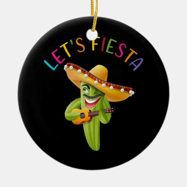 Let's Fiesta Cactus Sombrero Hat Guitar Cinco De Ceramic Tree Decoration (Front)