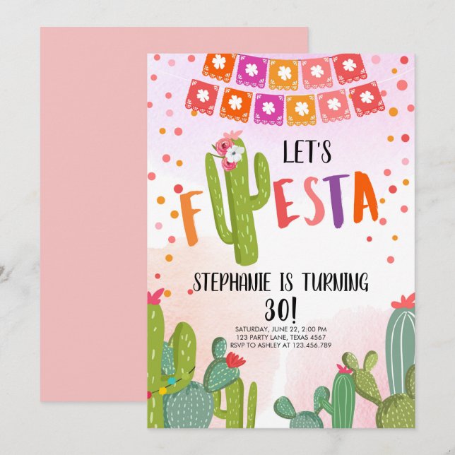 Let's Fiesta Party Mexican Cactus Adult Birthday Invitation (Front/Back)