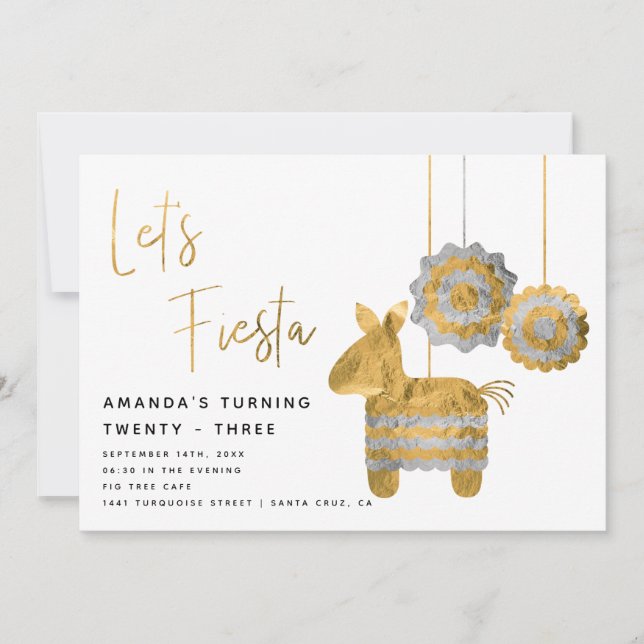 Let's Fiesta Piñata Faux Gold Foil Adult Birthday Invitation (Front)