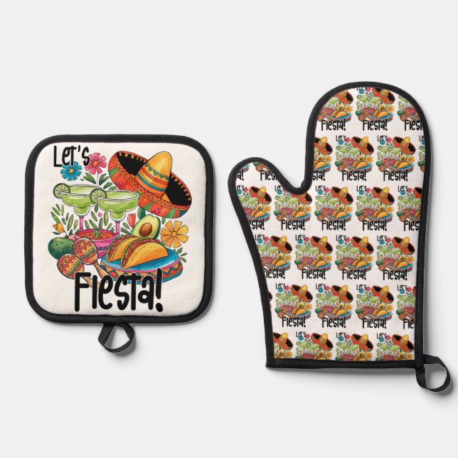 "Let's Fiesta!" Tacos & Margaritas Oven Mitt & Pot Holder Set (Front)