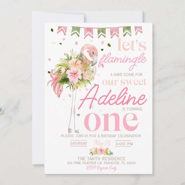 Let's Flamingle 1st Birthday Invitation, Flamingo Invitation (Front)