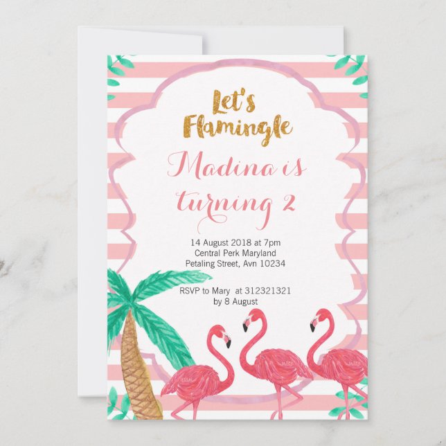 Let's flamingle Birthday Invitation pink glitter (Front)