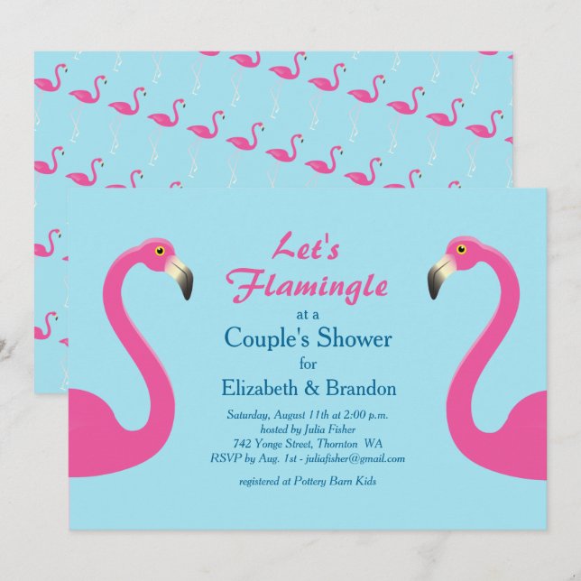 Let's Flamingle Couple's Shower Invite light blue (Front/Back)