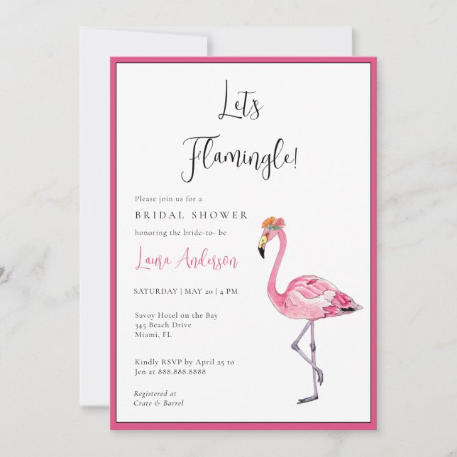 Let's Flamingle! Hot pink & white Bridal Shower Invitation (Front)