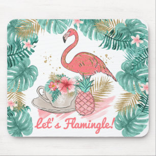 Lets Flamingle  Pink and Gold Glitter Flamingo Mouse Pad