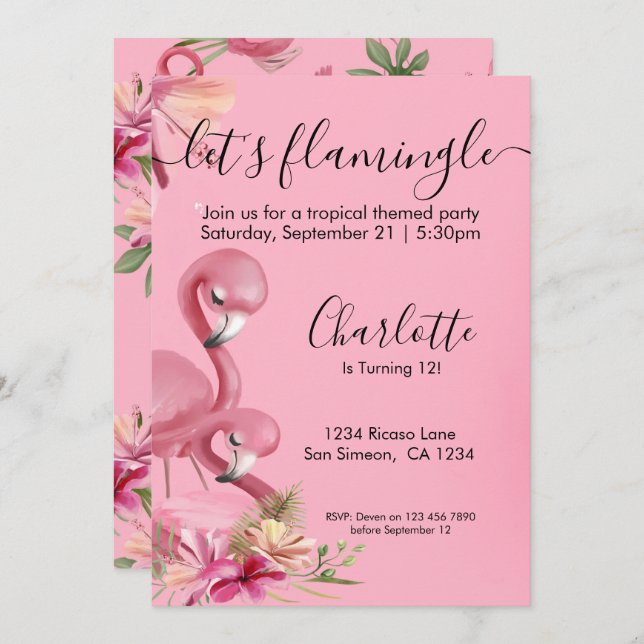 Lets Flamingle Tropical Pink Flamingo Birthday Invitation (Front/Back)