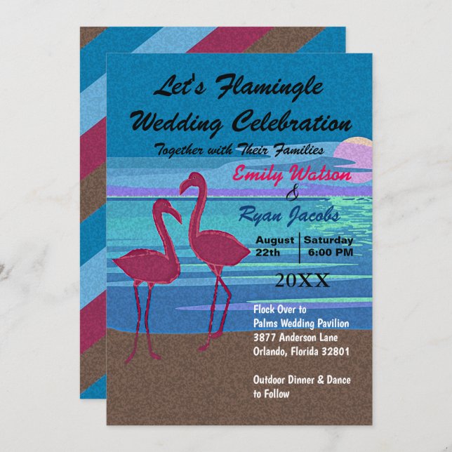 Let's Flamingle Wedding Celebration Beach at Dusk Invitation (Front/Back)