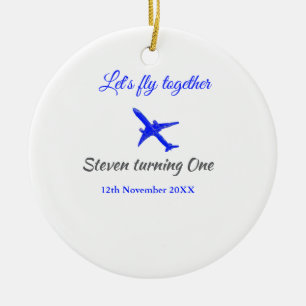 Let's fly together first birthday plane blue silve ceramic tree decoration