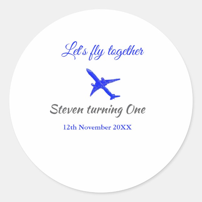 Let's fly together first birthday plane blue silve classic round sticker (Front)