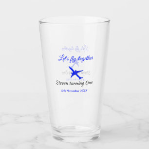 Let's fly together first birthday plane blue silve glass