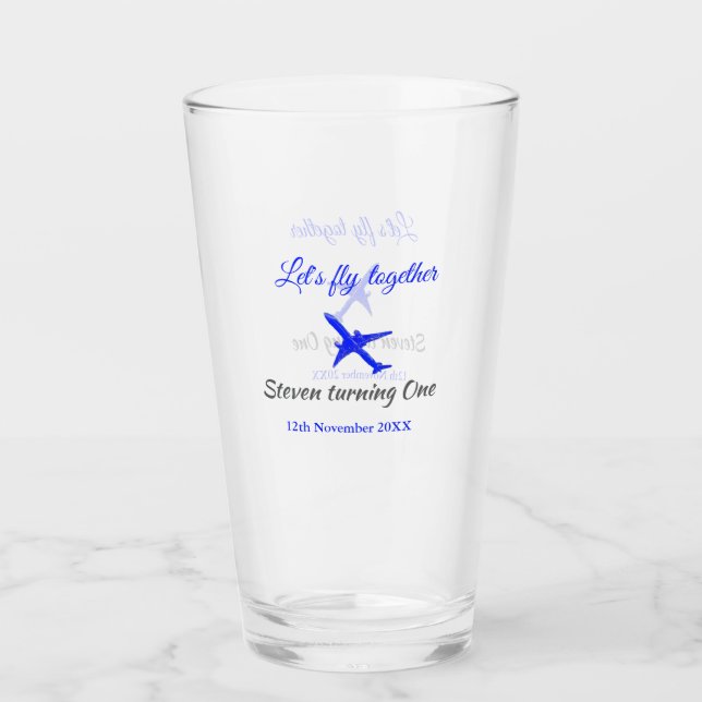 Let's fly together first birthday plane blue silve glass (Front)