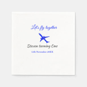 Let's fly together first birthday plane blue silve napkin