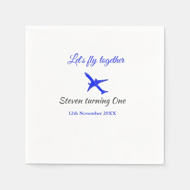 Let's fly together first birthday plane blue silve napkin (Front)