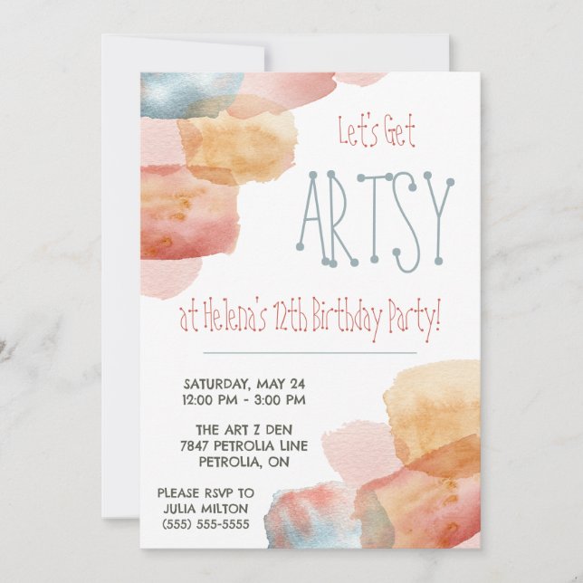 Let's Get Artsy! Watercolor Paint, Art Birthday Invitation (Front)