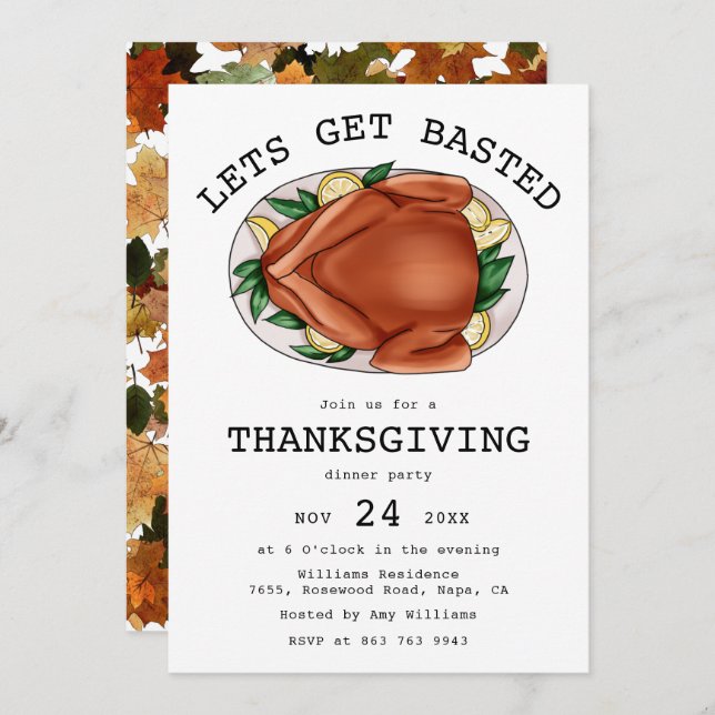 Lets Get Basted Roasted Turkey Thanksgiving Dinner Invitation (Front/Back)