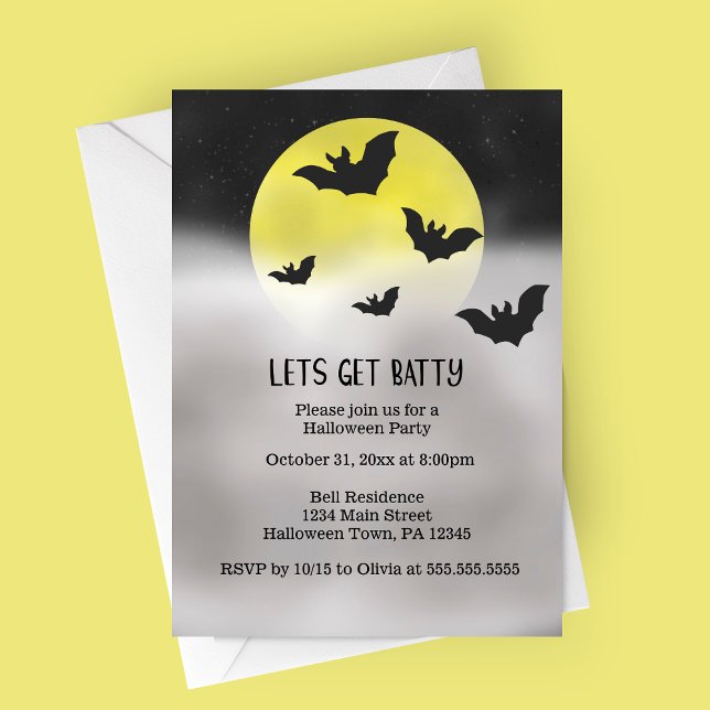 Let's Get Batty Halloween Party Invitation (Let's Get Batty | Bat Themed Halloween Party Invitation | Full Moon Foggy Night)