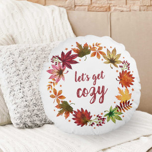 Let's Get Cosy Autumn Fall Leaves Harvest Wreath Round Cushion